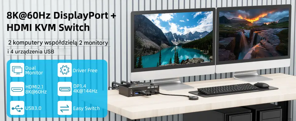 Przełącznik KVM USB 2 PC - 2 monitory HDMI+DP 8K zdjęcie 1