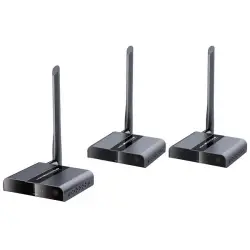 Zestaw do bezprzewodowego przesyłania sygnału HDMI do dwóch odbiorników.